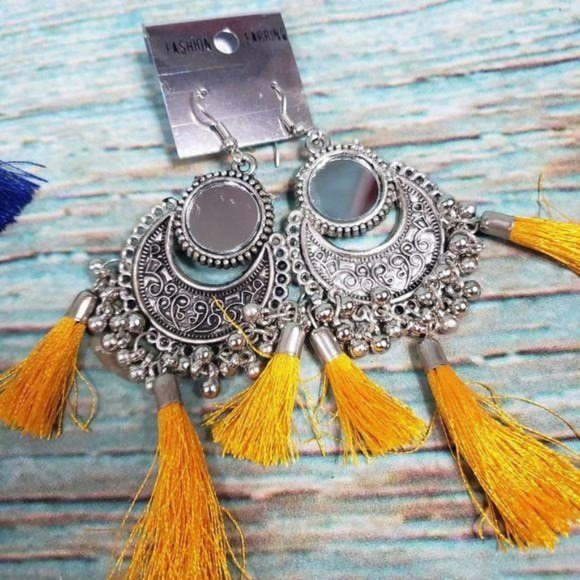 Sacred Threads Jewelry - Yellow Boho Silver & Tassel Drop Earrings
